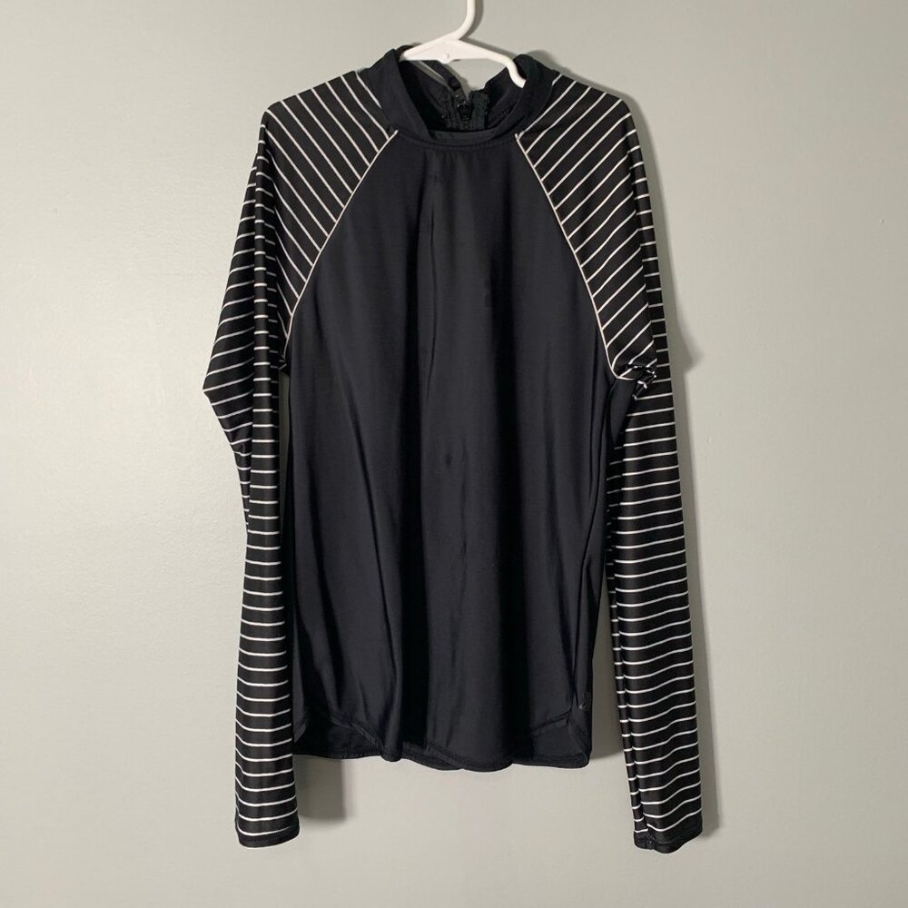 All in Motion Rash Guard Women Medium Black Stripe Long Sleeve Back Zip Swim Top